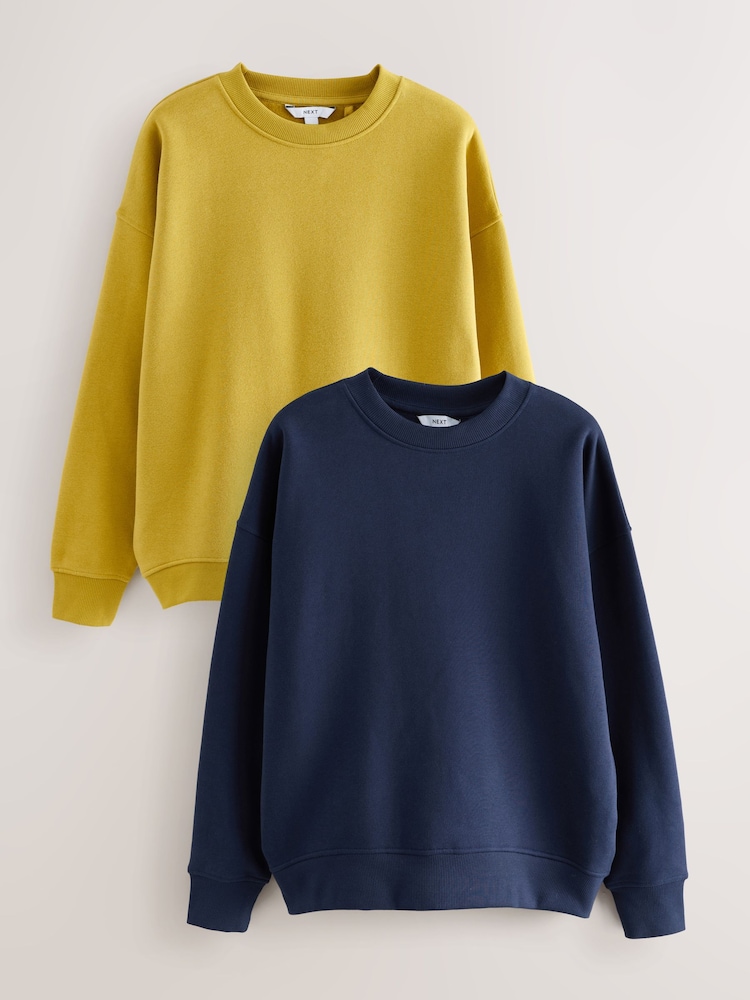 Navy/Oaker Yellow Supersoft Peached Essentials Crew Neck Seam Detail Sweatshirts 2 Pack - Image 1 of 9 Navy/Oaker Yellow Supersoft Peached Essentials Crew Neck Seam Detail Sweatshirts 2 Pack - Image 1 of 9