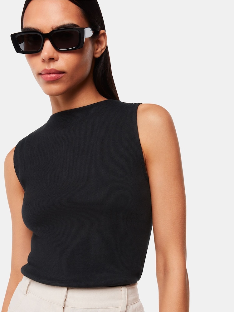 Whistles Black High Neck Rib Detail T-Shirt - Image 1 of 5