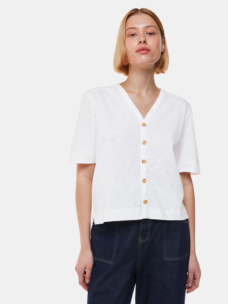 Whistles White Ella V-Neck Button Through 100% Cotton T-Shirt - Image 3 of 5