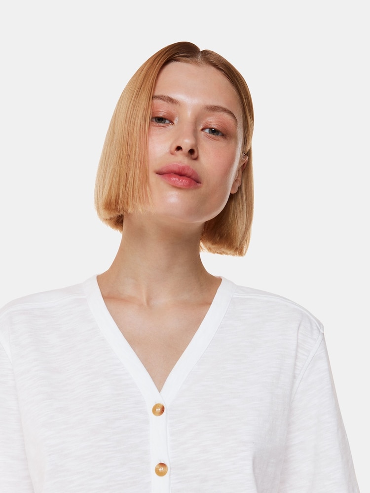 Whistles White Ella V-Neck Button Through 100% Cotton T-Shirt - Image 4 of 5