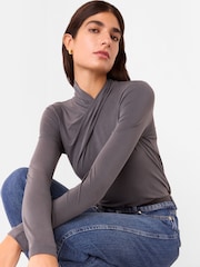 Whistles Grey Drape Neck Jersey Top - Image 3 of 5