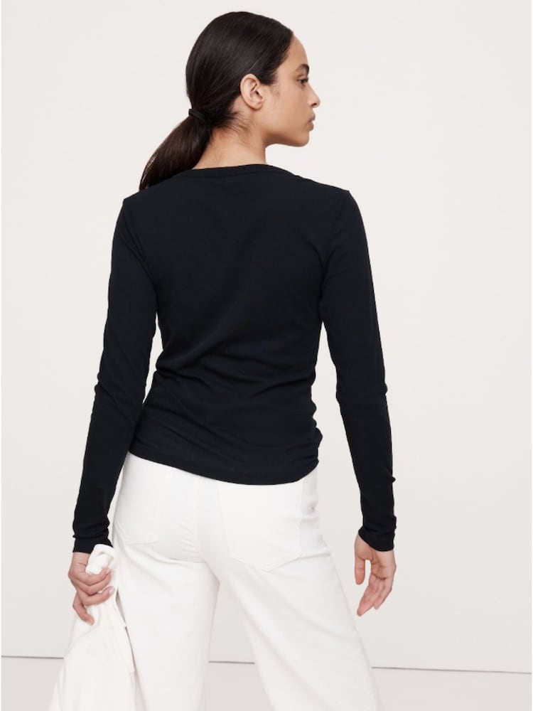 Banana Republic Black Airy Cotton Crepe Henley Top - Image 2 of 4