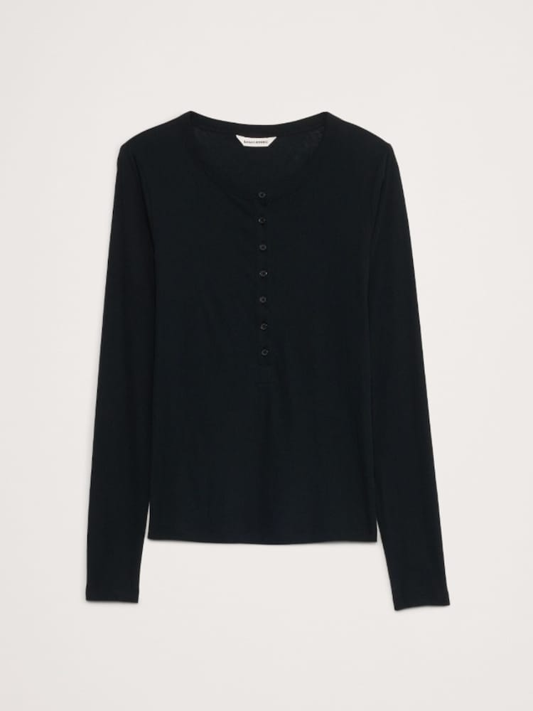 Banana Republic Black Airy Cotton Crepe Henley Top - Image 4 of 4