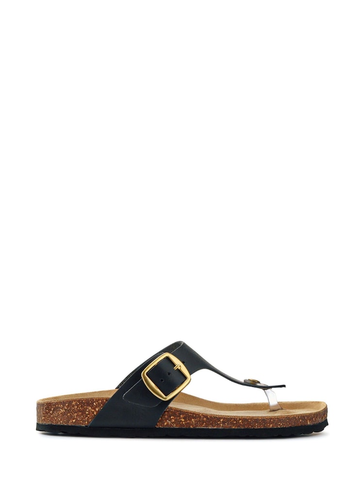 Pavers Black Leather Toe Post Sandals - Image 1 of 5