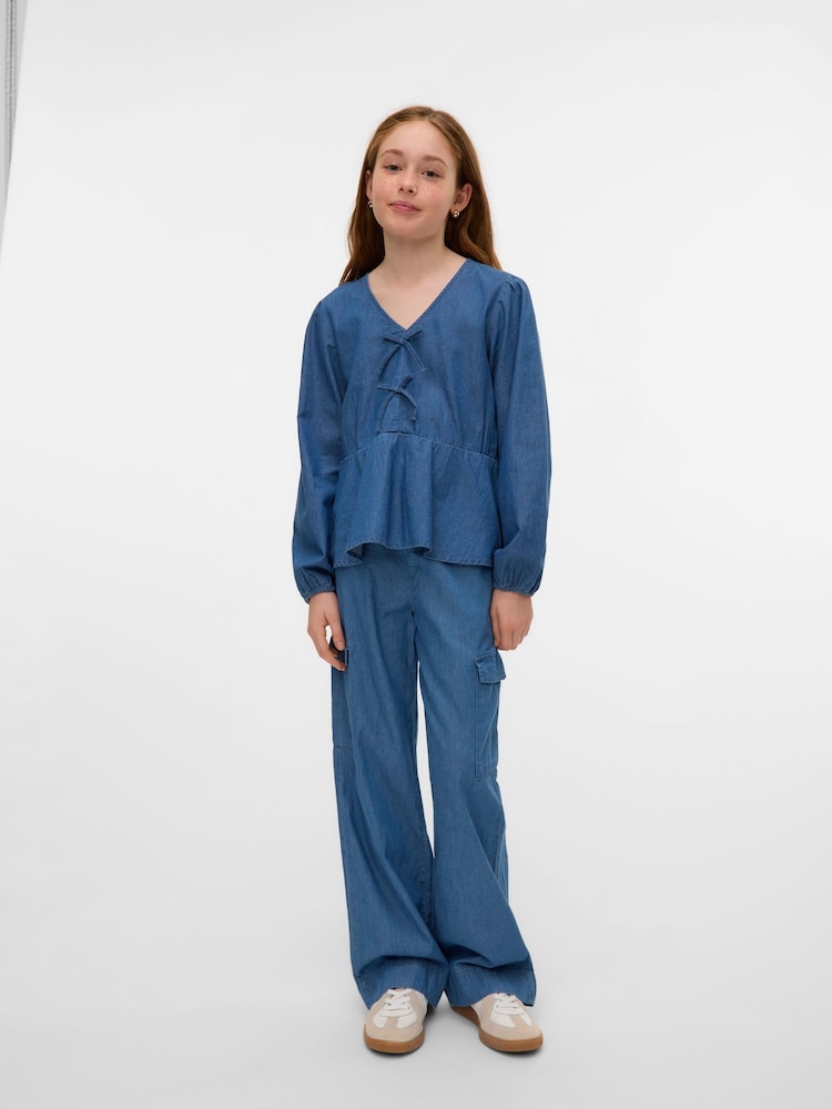 VERO MODA Blue Girls Mid Waist Wide Leg Denim Cargo Trousers - Image 1 of 5