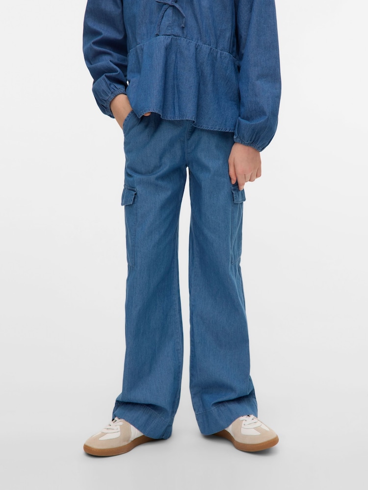 VERO MODA Blue Girls Mid Waist Wide Leg Denim Cargo Trousers - Image 2 of 5