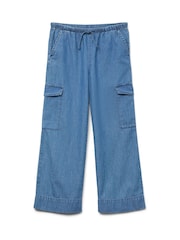 VERO MODA Blue Girls Mid Waist Wide Leg Denim Cargo Trousers - Image 4 of 5