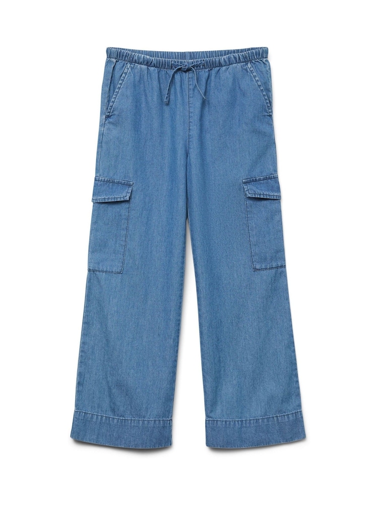 VERO MODA Blue Girls Mid Waist Wide Leg Denim Cargo Trousers - Image 4 of 5