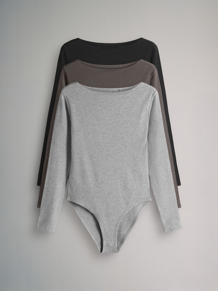 The Set Black/Neutral/Taupe Brown 3 Pack Boat Neck Ribbed Bodies - Image 1 of 6