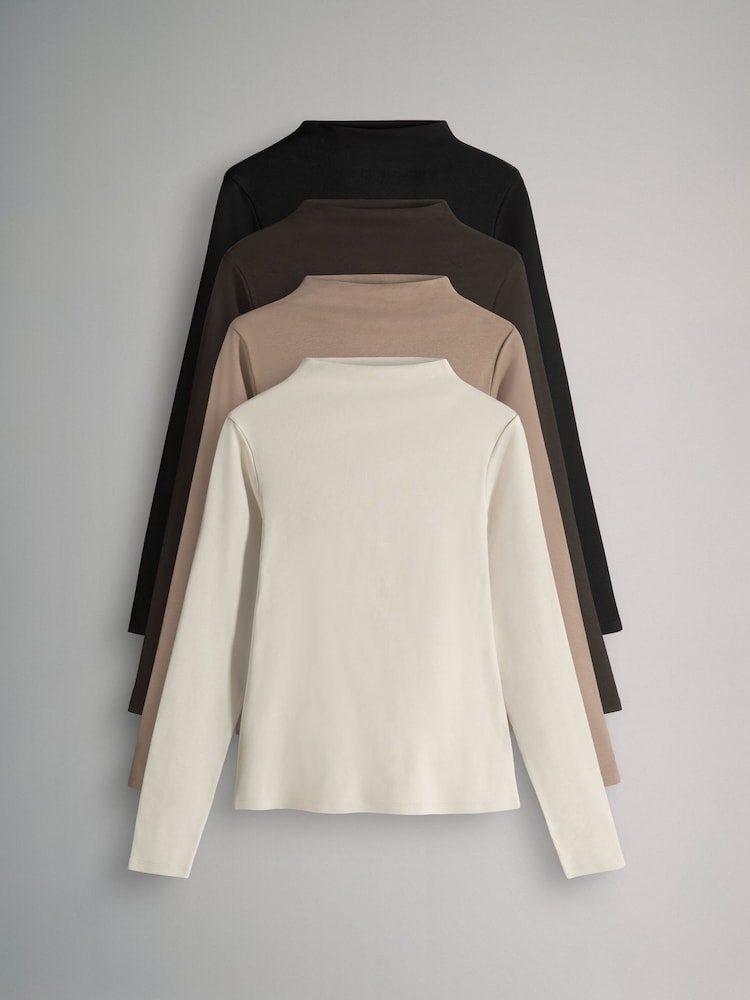The Set Black/Chocolate Brown/Taupe Brown/Stone 4 Pack Ribbed Mock Neck Long Sleeve T-Shirts - Image 1 of 7