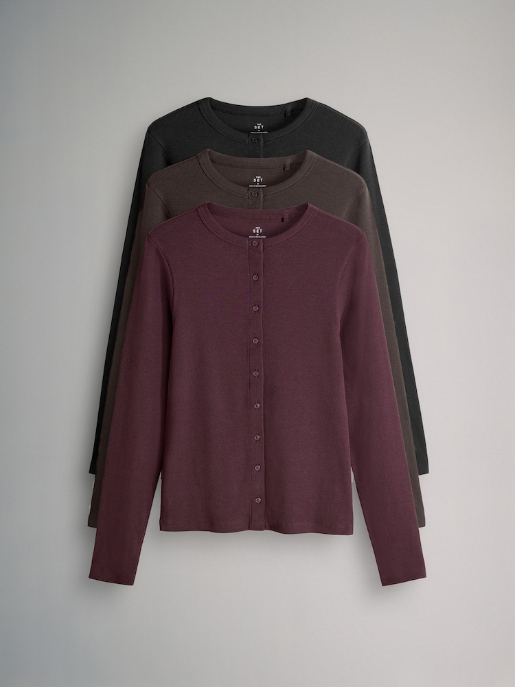 The Set Black/Chocolate Brown/Berry 3 Pack Long Sleeve Button Through Rib T-Shirts - Image 1 of 7
