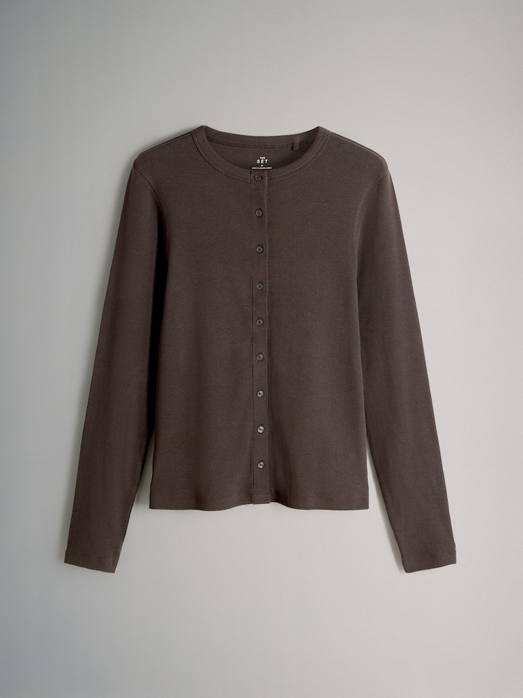 The Set Black/Chocolate Brown/Berry 3 Pack Long Sleeve Button Through Rib T-Shirts - Image 2 of 7