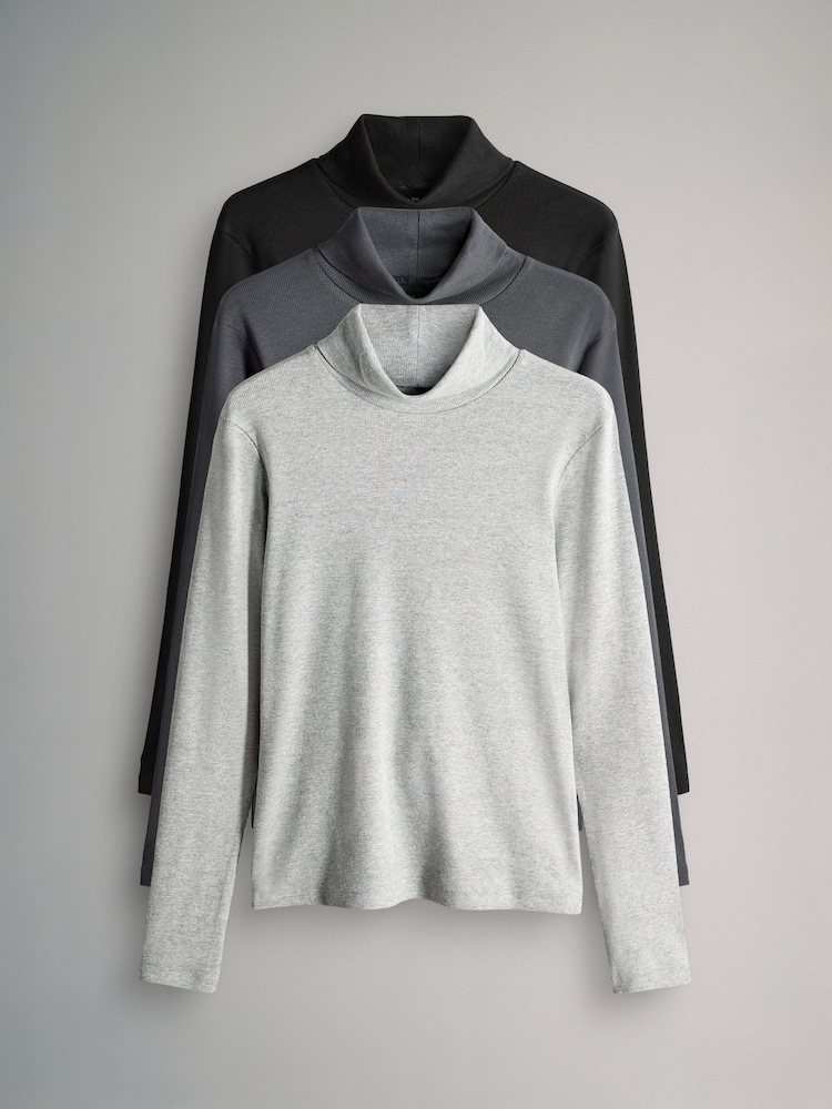 The Set Black/Charcoal/Grey 3 Pack Long Sleeve Ribbed Roll Neck T-Shirts - Image 2 of 14