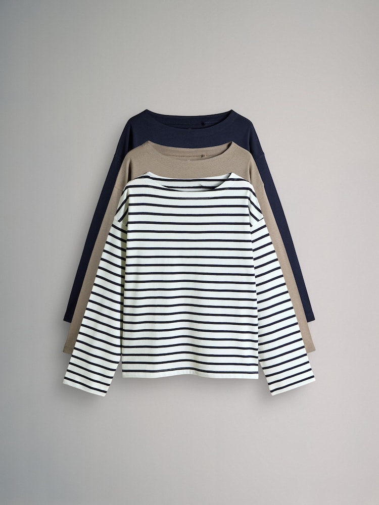 The Set Navy/Stripe/Neutral 3 Pack Boat Neck Heavyweight T-Shirts - Image 1 of 6