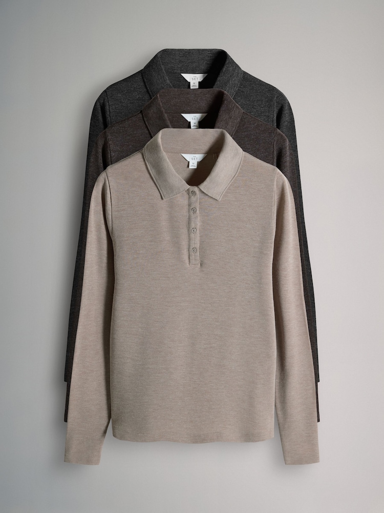 The Set Black/Brown/Taupe 3 Pack Long Sleeve Slub Polo T-Shirts - Image 1 of 6 The Set Black/Brown/Taupe 3 Pack Long Sleeve Slub Polo T-Shirts - Image 1 of 6