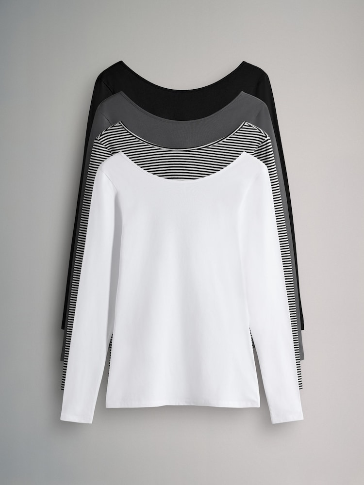 The Set Black/Charcoal Grey/Stripe/White 4 Pack Scoop Back Long Sleeved T-Shirts - Image 1 of 12