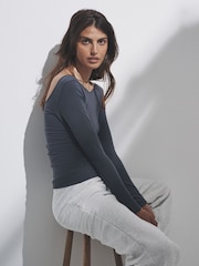 The Set Black/Charcoal Grey/Stripe/White 4 Pack Scoop Back Long Sleeved T-Shirts - Image 3 of 12