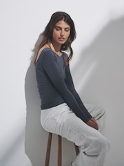 The Set Black/Charcoal Grey/Stripe/White 4 Pack Scoop Back Long Sleeved T-Shirts - Image 4 of 12
