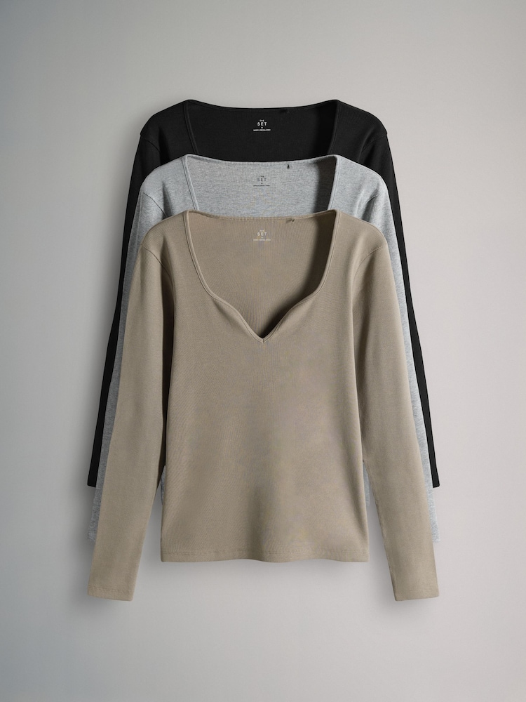 The Set 3 Pack Sweetheart Neckline Long Sleeve Rib T-Shirts - Imagem 2 de 11