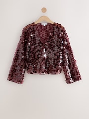 rdeča - Sheer Sequin Long Sleeve V-Neck Top - Slika 1 iz 3