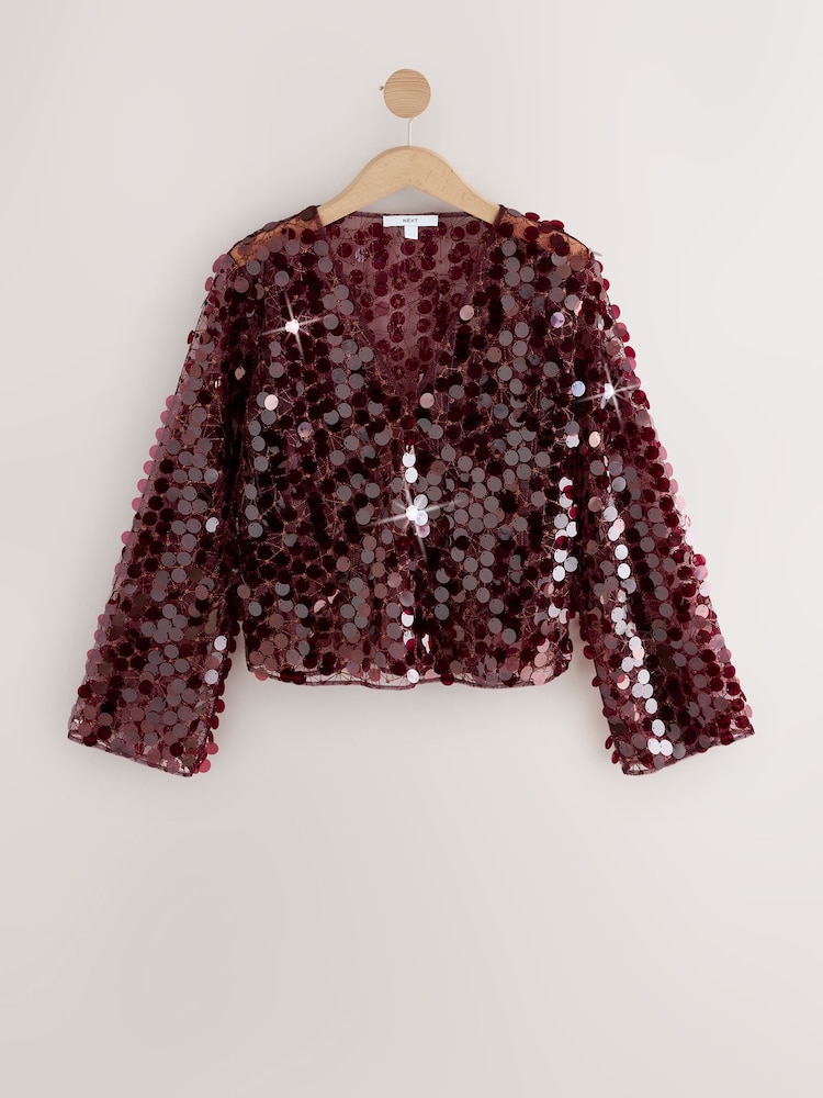 rdeča - Sheer Sequin Long Sleeve V-Neck Top - Slika 1 iz 3