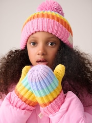 Little Bird by Jools Oliver Multi Pastel Rainbow Stripe Hat With Mittens Or Gloves Set - Image 2 of 15