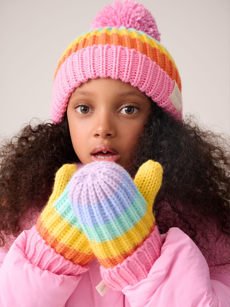 Little Bird by Jools Oliver Multi Pastel Rainbow Stripe Hat With Mittens Or Gloves Set - Image 2 of 15