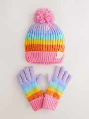 Little Bird by Jools Oliver Multi Pastel Rainbow Stripe Hat With Mittens Or Gloves Set - Image 6 of 15