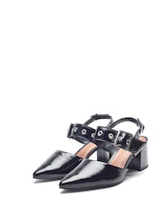 Moda in Pelle Eurya Pointed Toe Block Heel Slingback Black Shoes With Buckle Detail - Image 2 of 4