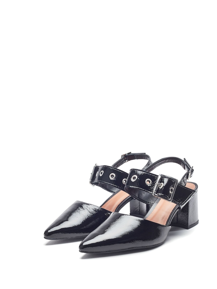 Moda in Pelle Eurya Pointed Toe Block Heel Slingback Black Shoes With Buckle Detail - Image 2 of 4