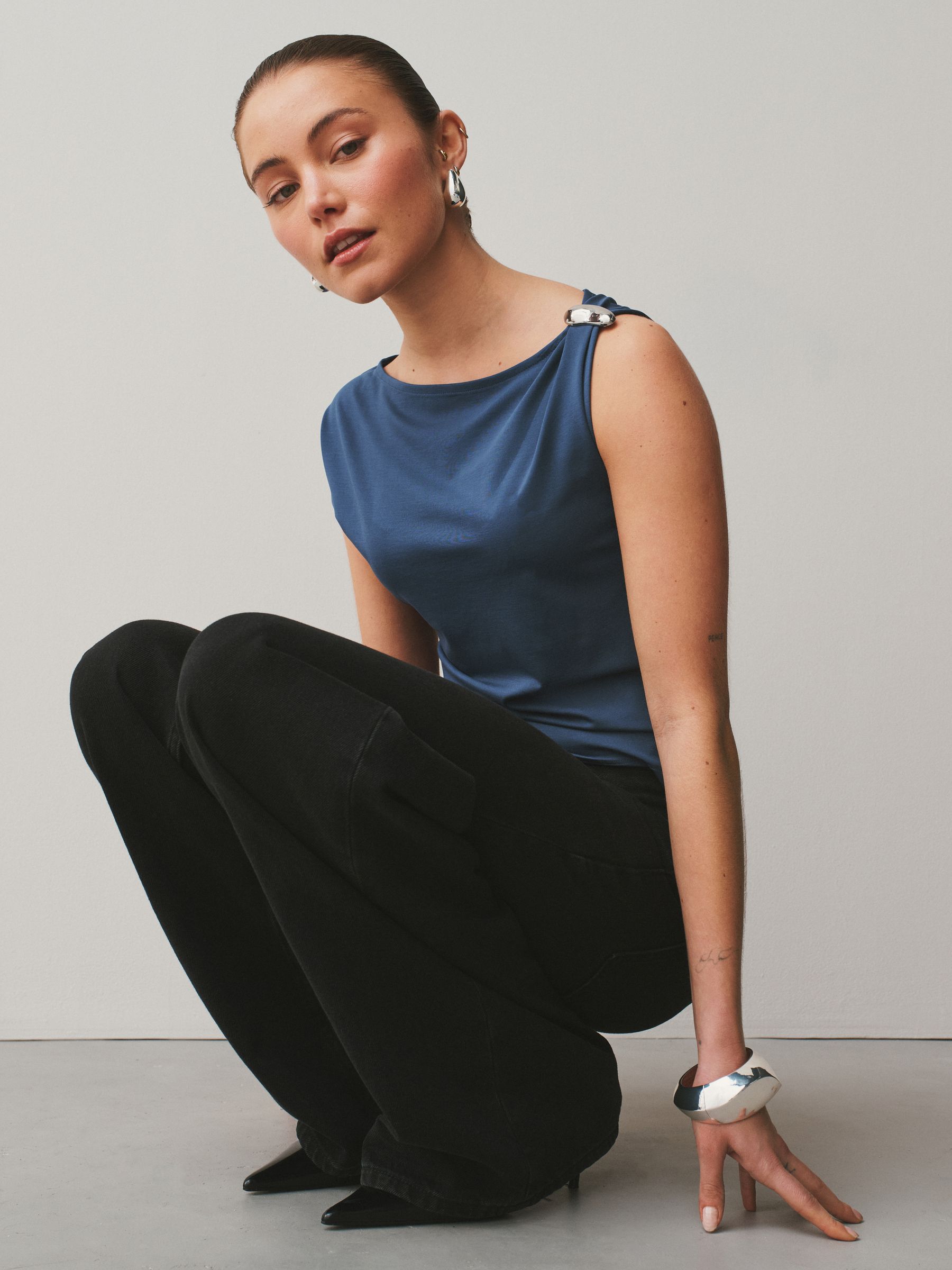 Buy Navy Blue/Silver Sleeveless Drape Hardware Top from Next USA