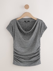 فضي - Sparkle Metallic Cowl Drape Short Sleeve Top - صورة 1 من 3