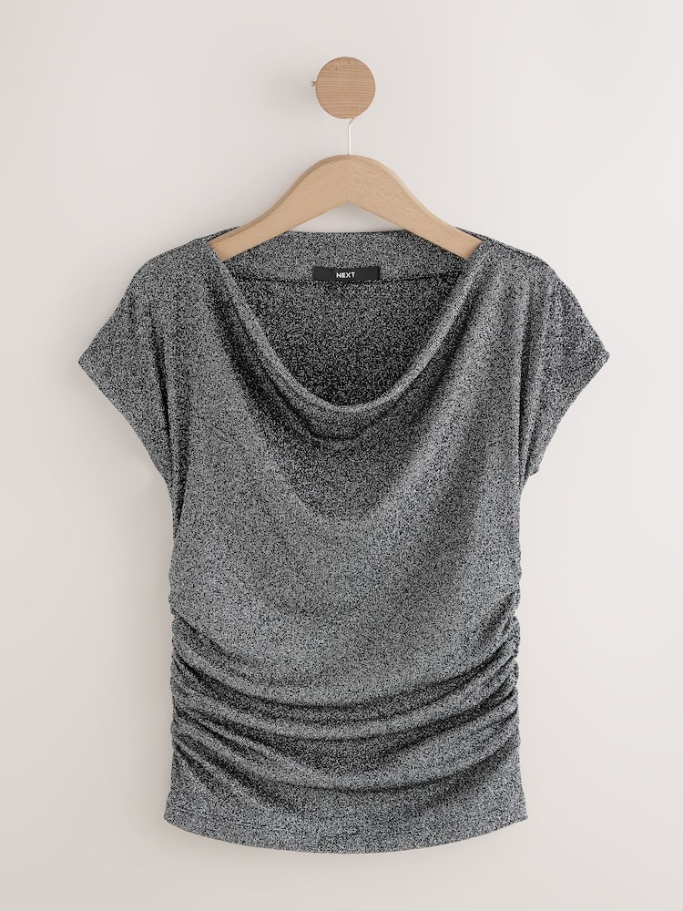 فضي - Sparkle Metallic Cowl Drape Short Sleeve Top - صورة 1 من 3