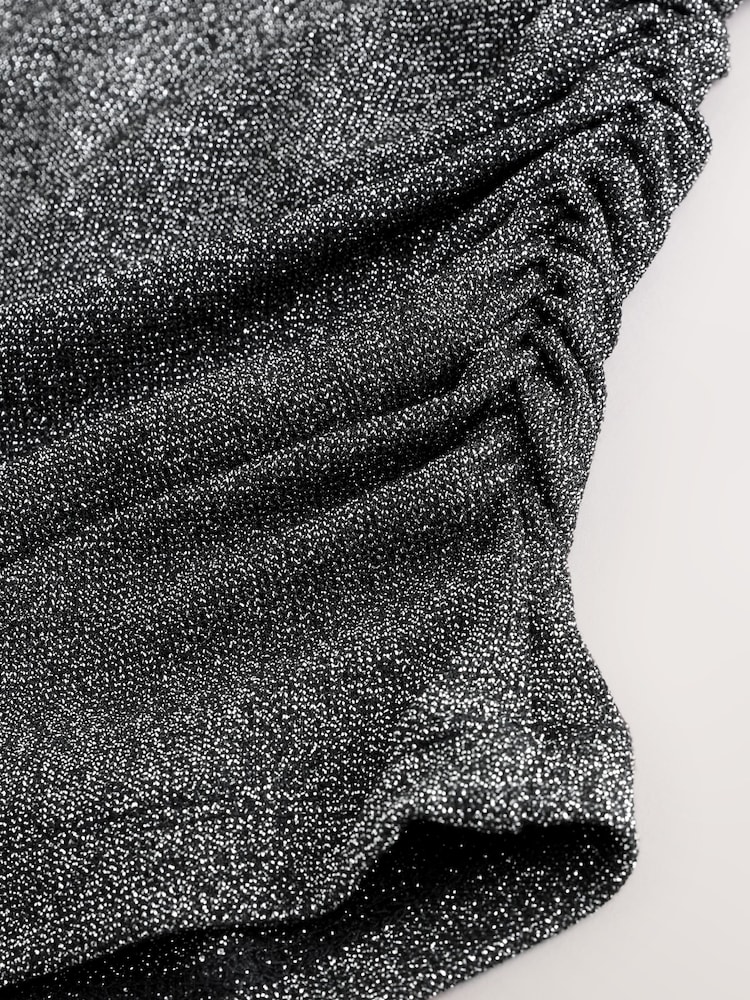 فضي - Sparkle Metallic Cowl Drape Short Sleeve Top - صورة 3 من 3