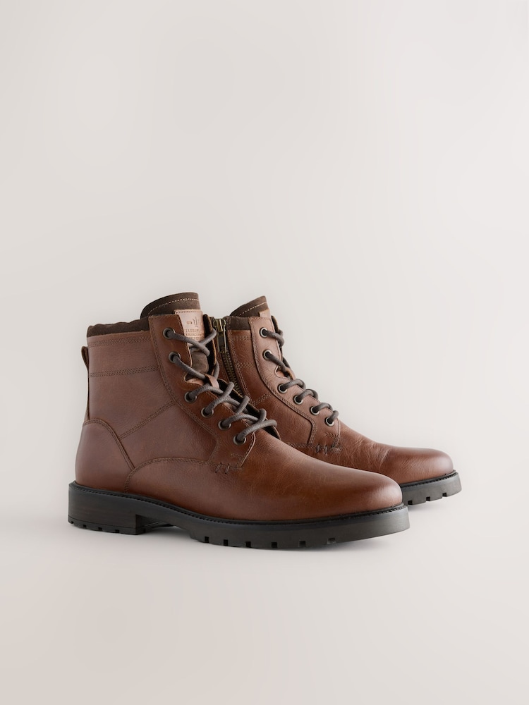 Tan Brown Leather Zip-Up Borg Lined Boots - Image 1 of 5