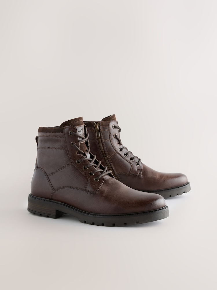 Brown Leather Zip-Up Borg Lined Boots - Image 1 of 5