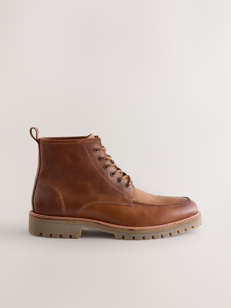 Tan Brown Tall Apron Toe Leather Boots - Image 2 of 5