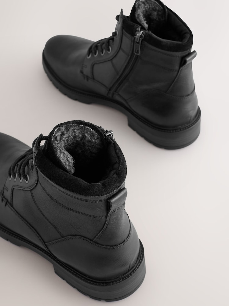 Mens Next Black Leather Zip-Up Borg Lined Boots US 10 (UK 9)