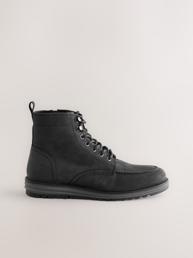 Black Tall Leather Apron Toe Boots - Image 2 of 5