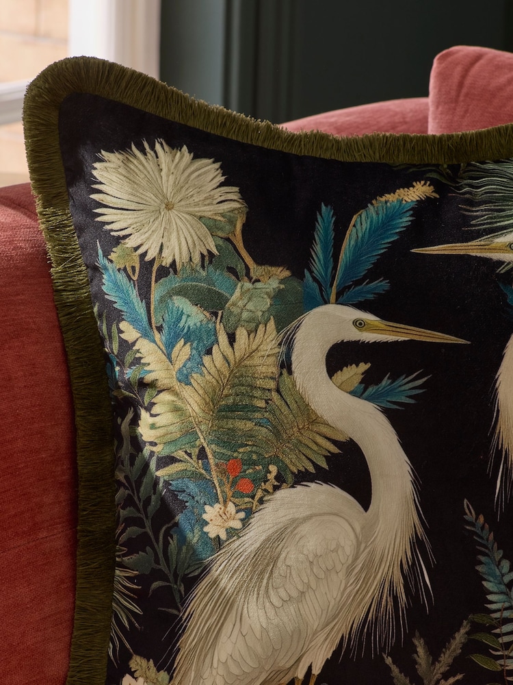 Teal Blue Printed Crane Velvet Cushion - Image 2 of 6