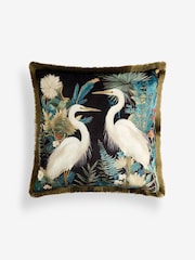 Teal Blue Printed Crane Velvet Cushion - Image 4 of 6