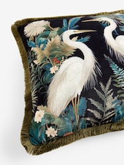 Teal Blue Printed Crane Velvet Cushion - Image 6 of 6