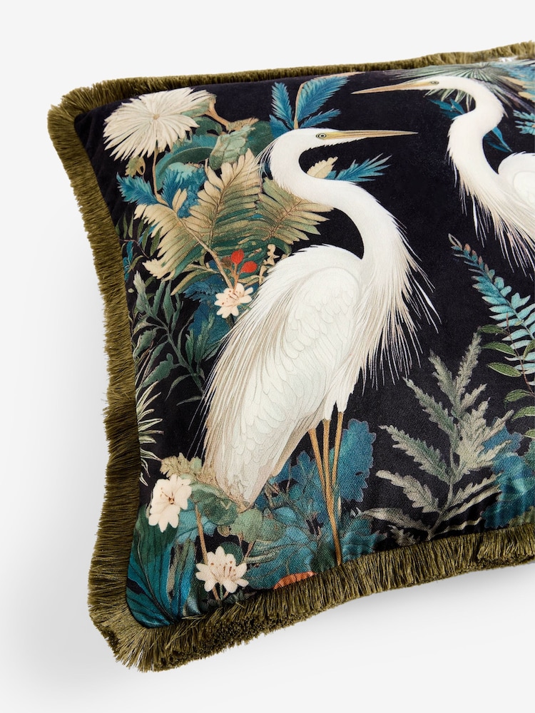 Teal Blue Printed Crane Velvet Cushion - Image 6 of 6