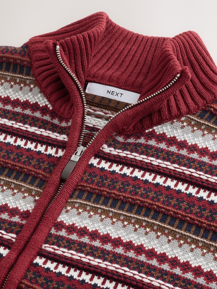 Red Regular Fit Cotton Rich Fairisle Pattern Zip Through Cardigan - Image 7 of 7 Red Regular Fit Cotton Rich Fairisle Pattern Zip Through Cardigan - Image 7 of 7