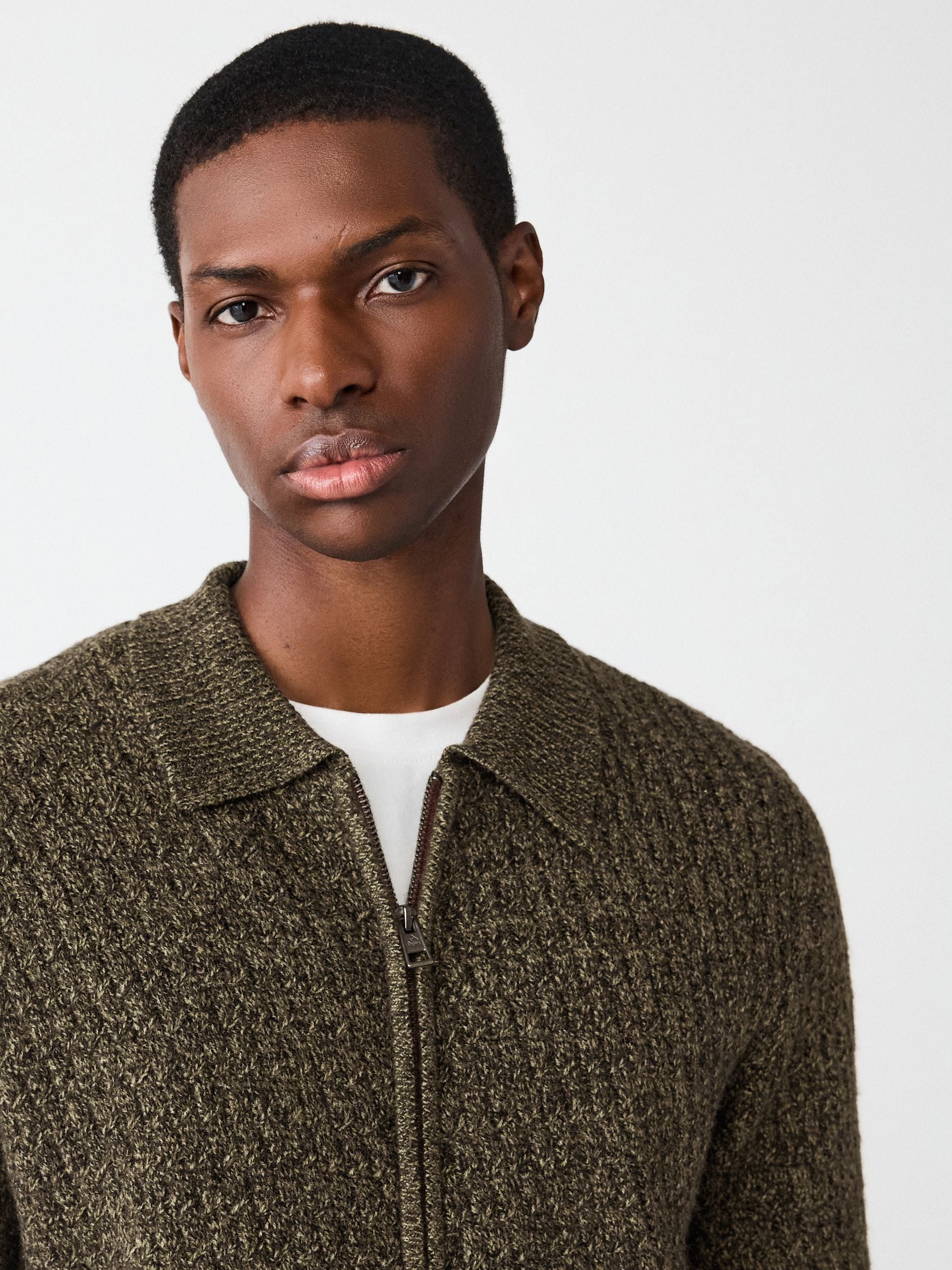 Buy Khaki Green Regular Fit Textured Double Zip-Through Collared