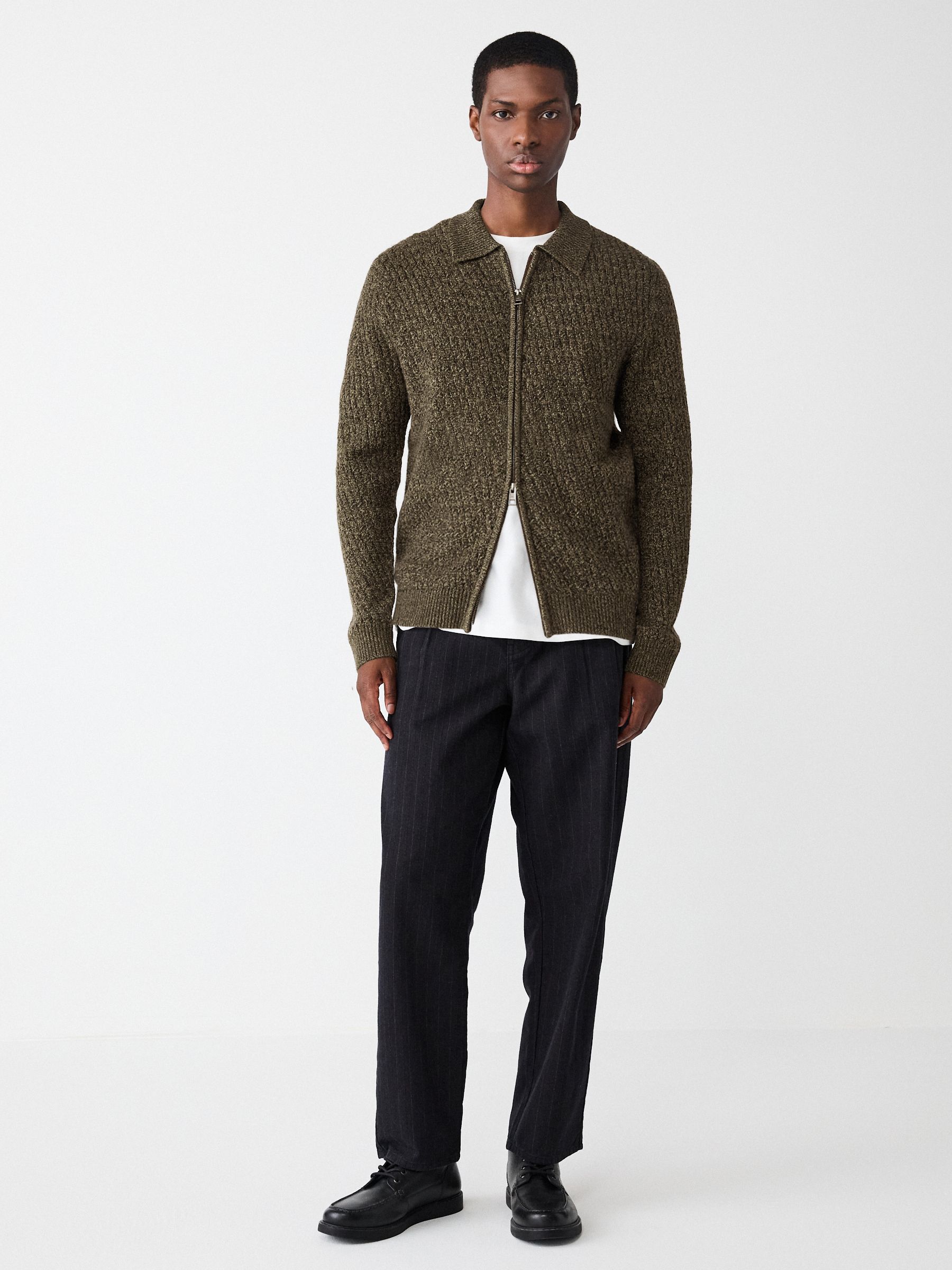 Buy Khaki Green Regular Fit Textured Double Zip-Through Collared