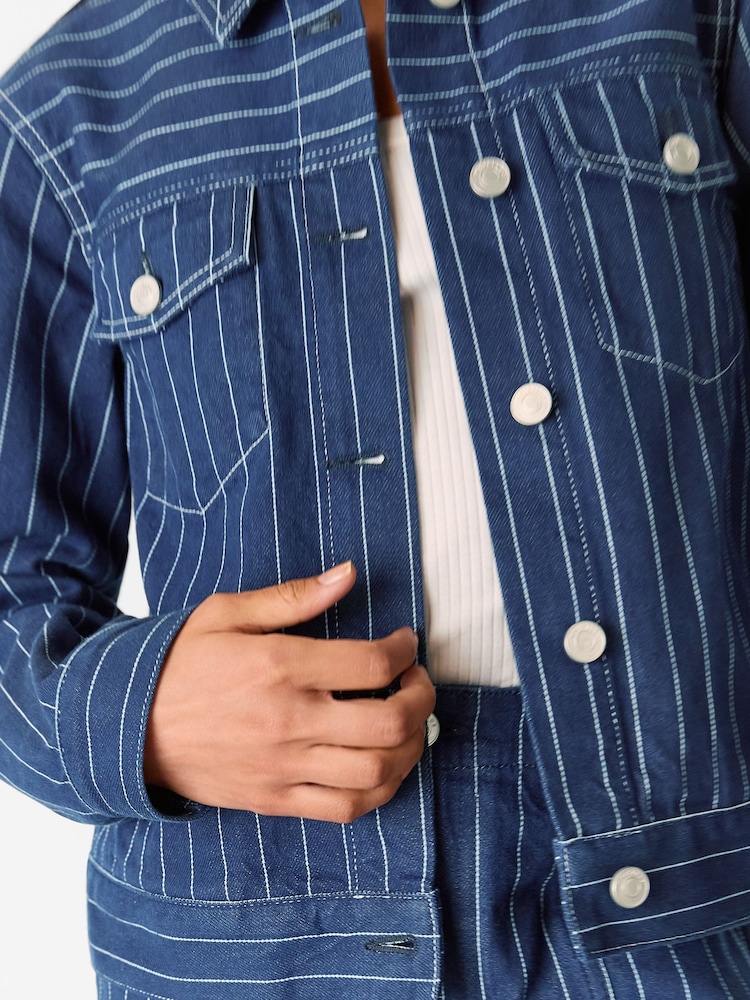 Whistles Blue 100% Cotton Pinstripe Denim Jacket - Image 5 of 6