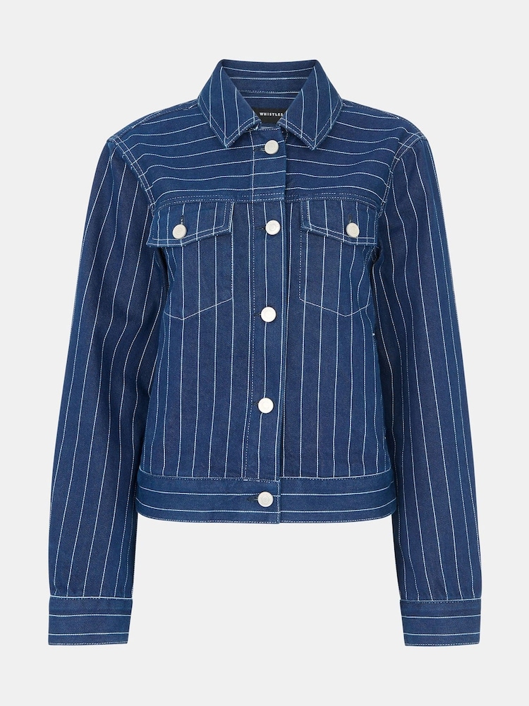 Whistles Blue 100% Cotton Pinstripe Denim Jacket - Image 6 of 6