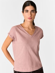 Whistles Pink Willa V-Neck Cap Sleeve 100% Cotton T-Shirt - Image 1 of 5