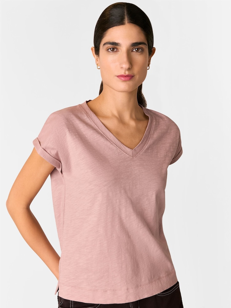 Whistles Pink Willa V-Neck Cap Sleeve 100% Cotton T-Shirt - Image 1 of 5
